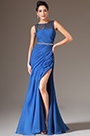 Blue Sequined Lace Top High-Slit Evening Gown