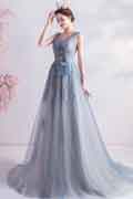 Grey V-Cut Sheer Tulle Prom Gown Party Evening Dress