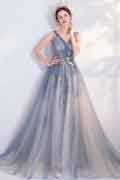 Grey V-Cut Sheer Tulle Prom Gown Party Evening Dress