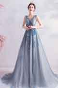 Grey V-Cut Sheer Tulle Prom Gown Party Evening Dress