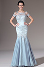 2014 Nouveauté Bleue Manches Courtes Dentelle Brodée Sirène Robe de Soirée
