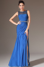 Blue Sequined Lace Top High-Slit Evening Gown