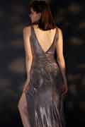 Shiny V-Cut Open Back High Slit Evening Party Dress