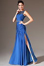 Blue Sequined Lace Top High-Slit Evening Gown