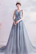 Grey V-Cut Sheer Tulle Prom Gown Party Evening Dress