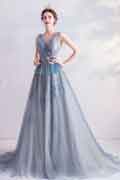 Grey V-Cut Sheer Tulle Prom Gown Party Evening Dress