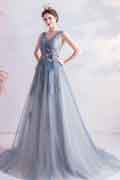 Grey V-Cut Sheer Tulle Prom Gown Party Evening Dress