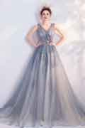 Grey V-Cut Sheer Tulle Prom Gown Party Evening Dress