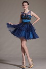 2014 Nouveauté Bleu Tulle Broderie Noire Robe de Cocktail/ Bal/ Danse/ Soirée