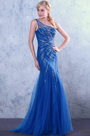 Robe de bal/robe de soirée bleue sirène col asymétrique