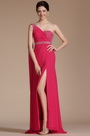 Hot Pink One Shoulder High Split Beaded Evening Dress