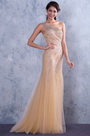 Neu Beige asymmetrisch Ausschnitt Glänzende Dekoration Abendkleid Prom Kleid