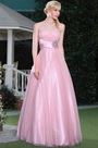 Robe de soirée princesse rose à pois sans bretelle