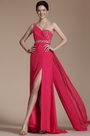 Hot Pink One Shoulder High Split Beaded Evening Dress