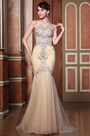 Robe de soirée sirène champagne bustier bijouté