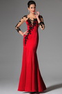 Red Sheer Top Lace Long Sleeves Evening Prom Gown