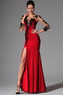 Red Sheer Top Lace Long Sleeves Evening Prom Gown