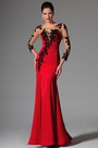Red Sheer Top Lace Long Sleeves Evening Prom Gown