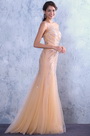 Neu Beige asymmetrisch Ausschnitt Glänzende Dekoration Abendkleid Prom Kleid