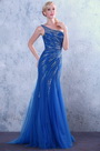 Robe de bal/robe de soirée bleue sirène col asymétrique