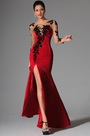 Red Sheer Top Lace Long Sleeves Evening Prom Gown