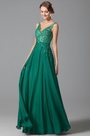 Robe de soirée longue verte col en V sexy broderie strass
