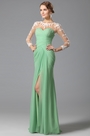 Robe de soirée/témoin verte fendue avec dentelle