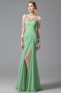 Robe de soirée/témoin verte fendue avec dentelle