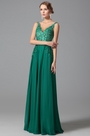 Robe de soirée longue verte col en V sexy broderie strass