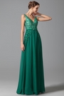 Robe de soirée longue verte col en V sexy broderie strass