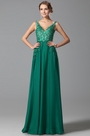 Robe de soirée longue verte col en V sexy broderie strass