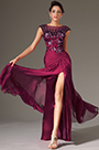 Sheer Top High Slit Floor Length Evening Dress Purple Handbag Set