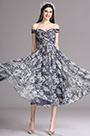 Black Print Off Shoulder Tea Length Cocktail Party Dress