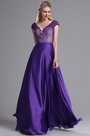 Robe de Soirée V Col Broderie Bijoux Perlés Violet