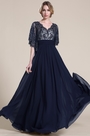 Stylish Navy Blue Evening Dress With V Neck