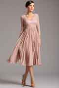 Robe cocktail/fête midi col en V manches dentelle  Brun Rosé