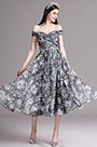Black Print Off Shoulder Tea Length Cocktail Party Dress