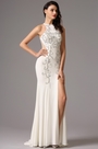 Halter Neck Side Slit Illusion Back White Formal Gown