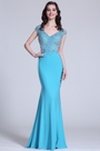 Elegant Cap Sleeves Beaded Blue Evening Gown