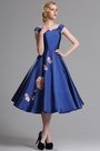 Blau Ärmeln Blumen Stickerei Cocktailkleid