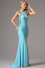 Sleeveless Light Blue Formal Gown with Beaded Detailed Back
