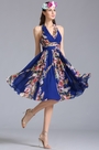 Halfter Ausschnitt Knielang Kleid Sommer Blumenkleid