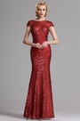 Stunning Capped Sleeves Red Sequin Formal Dress