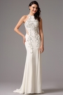 Halter Neck Side Slit Illusion Back White Formal Gown