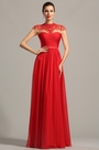 Robe de soirée longue rouge originale à encolure dentelle