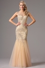 Robe de soirée/bal sirène beige bijoutée dos nu