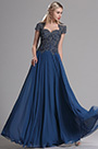 Navy Blue Cap Sleeves Beaded Prom Evening Dress