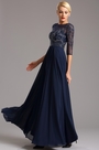Robe de soirée longue bleu marine bijoutée mi-manches