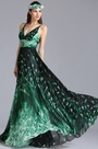 robe de soirée longue verte imprimé col en V