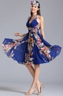 Halfter Ausschnitt Knielang Kleid Sommer Blumenkleid